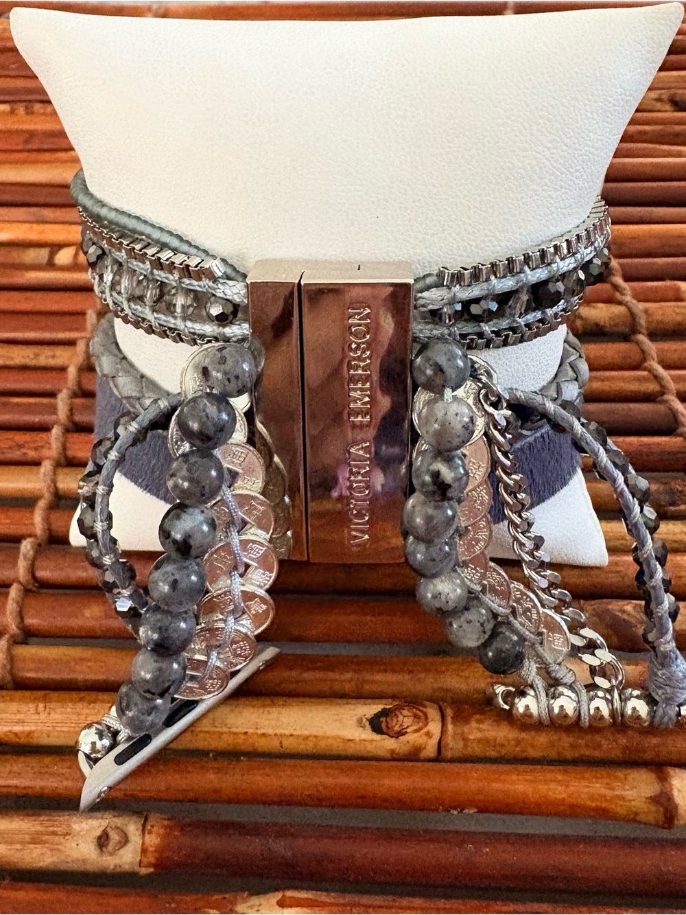 Victoria Emerson Gray and Silver Bead Layered Wrap Bracelet Magnetic Closure